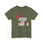 Jesus Is My Savior Christian T-Shirt, Bold Faith Cross & Heart Design Tee, Unisex Cotton Shirt, Faith-Based Apparel, Inspirational Gift for Believers