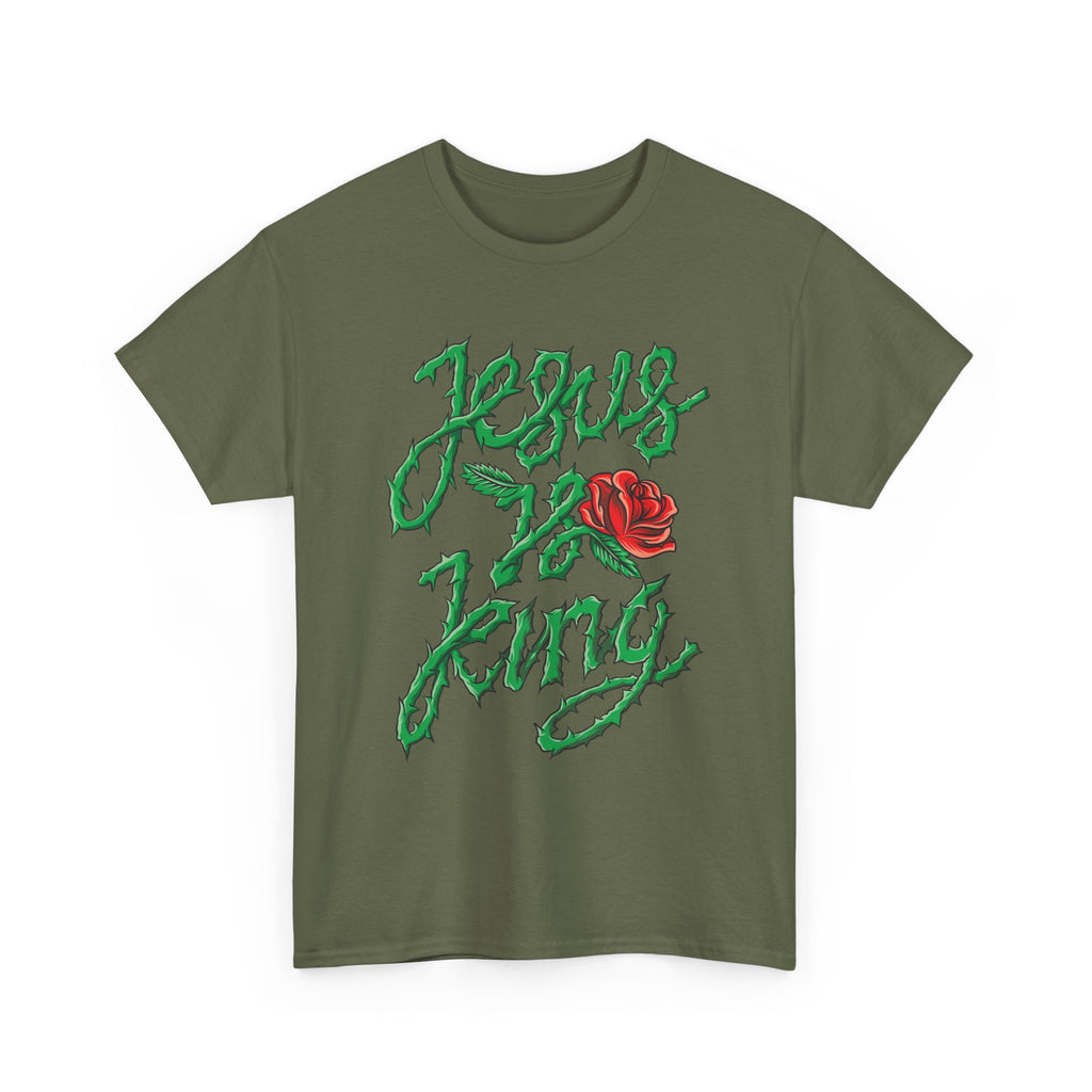 Jesus Is King Christian T-Shirt – Bold Faith Design with Thorn Script & Rose, Unisex Graphic Tee, Christian Apparel, Gift for Believers, Comfortable Casual Wear