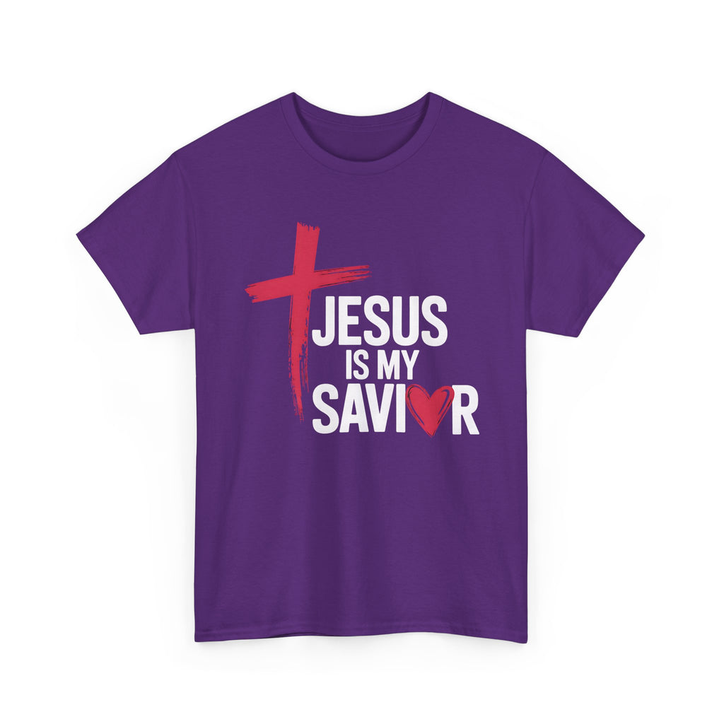 Jesus Is My Savior Christian T-Shirt, Bold Faith Cross & Heart Design Tee, Unisex Cotton Shirt, Faith-Based Apparel, Inspirational Gift for Believers